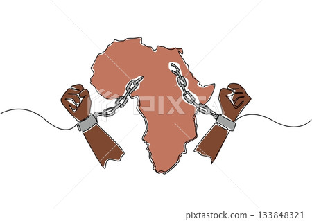 Continuous one line drawing 2 clenched hands with broken handcuffs and the African continent. Commemoration. Unity of the people. African Liberation Day. Single line draw design vector illustration Continuous one line drawing 2 clenched hands with broken handcuffs and the African continent. Commemoration. Unity of the people. African Liberation Day. Single line draw design vector illustration 133848321