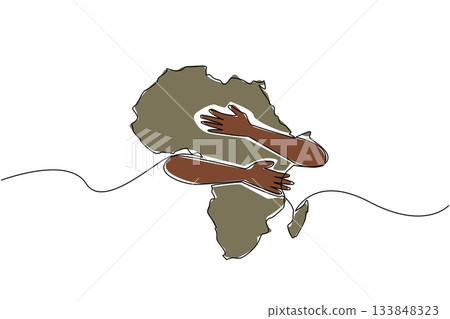 Single continuous line drawing the African continent hugged with two hands from behind. Struggle of the people to love their country. Love. African Liberation Day. One line design vector illustration Single continuous line drawing the African continent hugged with two hands from behind. Struggle of the people to love their country. Love. African Liberation Day. One line design vector illustration 133848323