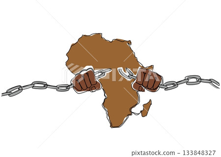 Continuous one line drawing African continent with 2 hands breaks chains in the middle of the continent. The struggle for justice. African Liberation Day. Single line draw design vector illustration Continuous one line drawing African continent with 2 hands breaks chains in the middle of the continent. The struggle for justice. African Liberation Day. Single line draw design vector illustration 133848327