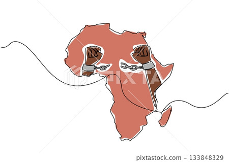 Single one line drawing African continent with two clenched fists and handcuffs broken in middle of continent. Freedom from slavery. African Liberation Day. Continuous line design graphic illustration 133848329