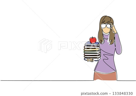 Continuous one line drawing woman dressed as a nerd, holding a stack of books and holding glasses. One day many books. Healthy lifestyles. Geek Pride Day. Single line draw design vector illustration Continuous one line drawing woman dressed as a nerd, holding a stack of books and holding glasses. One day many books. Healthy lifestyles. Geek Pride Day. Single line draw design vector illustration 133848330