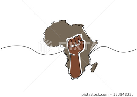 Continuous one line drawing the African continent with a clenched fist in the middle of the continent. Fighting for unity. Freedom. African Liberation Day. Single line draw design vector illustration Continuous one line drawing the African continent with a clenched fist in the middle of the continent. Fighting for unity. Freedom. African Liberation Day. Single line draw design vector illustration 133848333
