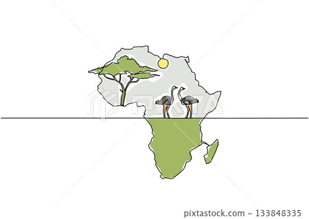 Single continuous line drawing the African continent with 2 ostriches in the middle, the sun and a big tree. The natural habitat of the ostrich. Global Africa Day. One line design vector illustration 133848335