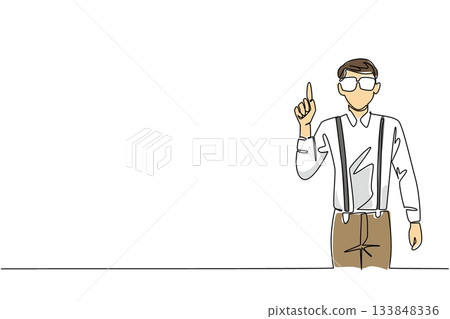 Single one line drawing man wear long sleeved shirt with suspenders raises one of his index fingers. Funny gestures from the most genius. Geek Pride Day. Continuous line design graphic illustration Single one line drawing man wear long sleeved shirt with suspenders raises one of his index fingers. Funny gestures from the most genius. Geek Pride Day. Continuous line design graphic illustration 133848336