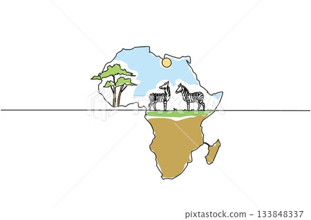 Single one line drawing the African continent with 2 zebras, the sun and a big tree in the middle. African animals with striped skin. Global Africa Day. Continuous line design graphic illustration Single one line drawing the African continent with 2 zebras, the sun and a big tree in the middle. African animals with striped skin. Global Africa Day. Continuous line design graphic illustration 133848337