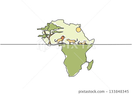 Single continuous line drawing African continent with male lion and 2 female lions, sun and big tree. Maintaining the balance of the ecosystem. Global Africa Day. One line design vector illustration 133848345