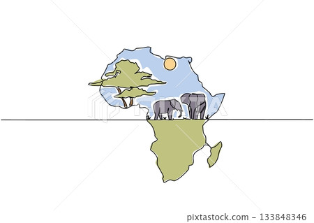 Single one line drawing the African continent with 2 elephants, the sun and big tree in the middle. Moving to create open space. Jungle. Global Africa Day. Continuous line design graphic illustration Single one line drawing the African continent with 2 elephants, the sun and big tree in the middle. Moving to create open space. Jungle. Global Africa Day. Continuous line design graphic illustration 133848346