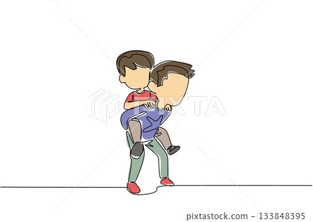 Continuous one line drawing older brother carrying younger brother on back. Having a child who can work together. Fun. Bonding. Happiness. Day of Brother. Single line draw design vector illustration 133848395