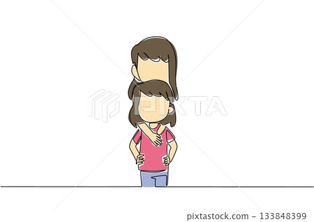 Single continuous line drawing older sister hugs body of younger sister from behind. Favorite pose when taking photo with his beloved little sister. Day of Brother. One line design vector illustration 133848399