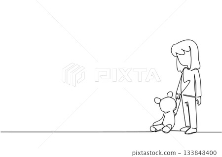 Continuous one line drawing a girl standing and looking down dejectedly holding a teddy bear. Leaving deep trauma. Abuse. National Missing of Children Day. Single line draw design vector illustration Continuous one line drawing a girl standing and looking down dejectedly holding a teddy bear. Leaving deep trauma. Abuse. National Missing of Children Day. Single line draw design vector illustration 133848400