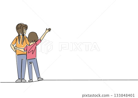 Single one line drawing rear view, two little sisters standing embracing each other. Always get along wherever. The protector. Loving. Day of Brother. Continuous line design graphic illustration Single one line drawing rear view, two little sisters standing embracing each other. Always get along wherever. The protector. Loving. Day of Brother. Continuous line design graphic illustration 133848401