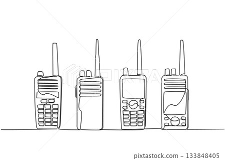 Single one line drawing several handie talkies placed in a row. Four different types with the same function. Device Amateur Radio Military Appreciation Day. Continuous line design graphic illustration Single one line drawing several handie talkies placed in a row. Four different types with the same function. Device Amateur Radio Military Appreciation Day. Continuous line design graphic illustration 133848405