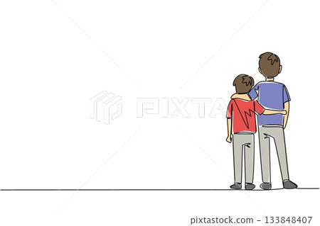 Single continuous line drawing rear view, two brothers standing embracing each other. Posing compactly in the open air. Childhood memory photo. Day of Brother. One line design vector illustration 133848407