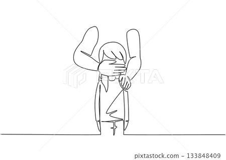 Single continuous line drawing mouth of girl is covered by an adult from behind. Child abductions are on the rise. Pedophiles. National Missing of Children Day. One line design vector illustration 133848409