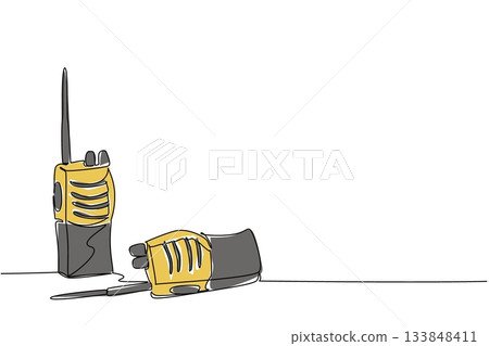 Single continuous line drawing 2 walkie talkies, one standing, the other lying down. Two way wireless communication. Tech. Amateur Radio Military Appreciation Day. One line design vector illustration 133848411