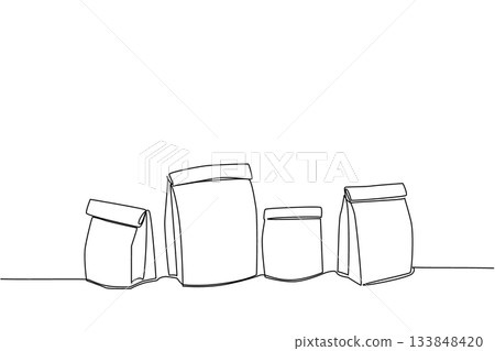 Single one line drawing several brown paper bags in various sizes. Various sizes for various types. Eco friendly. Recycle. Reuse. National Brown Bag It Day. Continuous line design graphic illustration Single one line drawing several brown paper bags in various sizes. Various sizes for various types. Eco friendly. Recycle. Reuse. National Brown Bag It Day. Continuous line design graphic illustration 133848420