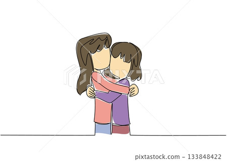 Single continuous line drawing two sisters hug each other. Hugging like a fictional childhood character. Hugging tightly, not wanting to let go. Day of Brother. One line design vector illustration Single continuous line drawing two sisters hug each other. Hugging like a fictional childhood character. Hugging tightly, not wanting to let go. Day of Brother. One line design vector illustration 133848422