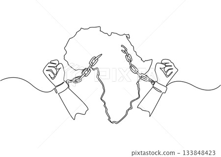 Continuous one line drawing 2 clenched hands with broken handcuffs and the African continent. Commemoration. Unity of the people. African Liberation Day. Single line draw design vector illustration 133848423