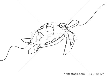 Continuous one line drawing side view, turtle with world map shell swimming. Cute animals that can be kept as pets but are endangered. World Turtle Day. Single line draw design vector illustration Continuous one line drawing side view, turtle with world map shell swimming. Cute animals that can be kept as pets but are endangered. World Turtle Day. Single line draw design vector illustration 133848424