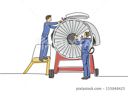 Single one line drawing 2 aircraft technicians dismantling aircraft engine. Working together makes everything easier. Aviation Maintenance Technician Day. Continuous line design graphic illustration Single one line drawing 2 aircraft technicians dismantling aircraft engine. Working together makes everything easier. Aviation Maintenance Technician Day. Continuous line design graphic illustration 133848425