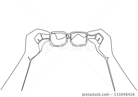 Single continuous line drawing hand holding glasses covered in bandage. Favorite glasses full of memories. Still used under normal circumstances. Geek Pride Day. One line design vector illustration 133848426