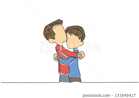 Single one line drawing two brothers hugging each other. Bonding. Family like close friends who are very close.. The happiness of siblings. Day of Brother. Continuous line design graphic illustration 133848427