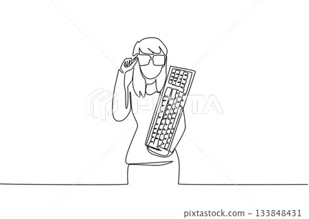 Single one line drawing woman dressed as a nerd, holding computer keyboard. Interested in the sound of the keyboard keys. Cannot be damaged. Geek Pride Day. Continuous line design graphic illustration 133848431