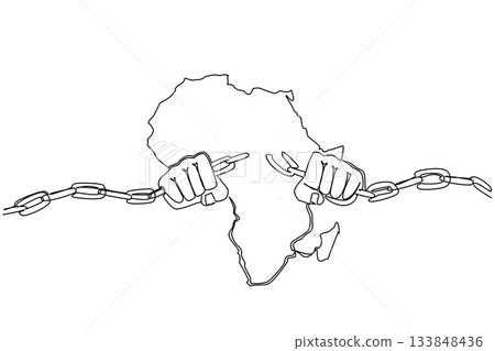 Continuous one line drawing African continent with 2 hands breaks chains in the middle of the continent. The struggle for justice. African Liberation Day. Single line draw design vector illustration 133848436