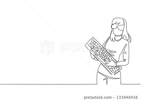 Continuous one line drawing woman dressed as a nerd, holding a computer keyboard like playing a guitar. Very busy. Obsessed with guitar. Geek Pride Day. Single line draw design vector illustration 133848438