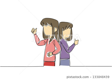 Single one line drawing two sisters turn their backs to each other and make a thumbs up gesture. Pose like a famous model. Support. Fun. Day of Brother. Continuous line design graphic illustration Single one line drawing two sisters turn their backs to each other and make a thumbs up gesture. Pose like a famous model. Support. Fun. Day of Brother. Continuous line design graphic illustration 133848439