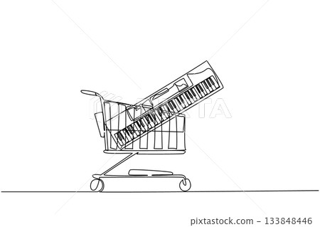 Single continuous line drawing shopping trolley containing keyboard. A very popular and versatile musical instrument. Singing melody. Buy A Musical Instrument Day. One line design vector illustration Single continuous line drawing shopping trolley containing keyboard. A very popular and versatile musical instrument. Singing melody. Buy A Musical Instrument Day. One line design vector illustration 133848446