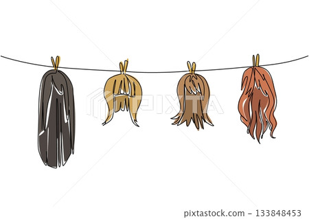 Single one line drawing 4 colorful wigs hung on a clothesline and held in place by clothespins. Care to keep it comfortable when worn. National Wig Out Day. Continuous line design graphic illustration Single one line drawing 4 colorful wigs hung on a clothesline and held in place by clothespins. Care to keep it comfortable when worn. National Wig Out Day. Continuous line design graphic illustration 133848453