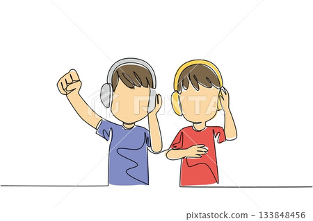 Continuous one line drawing two brothers wearing headphones and each holding his own. Enjoying first electronic gift. Entertainment media. Day of Brother. Single line draw design vector illustration Continuous one line drawing two brothers wearing headphones and each holding his own. Enjoying first electronic gift. Entertainment media. Day of Brother. Single line draw design vector illustration 133848456