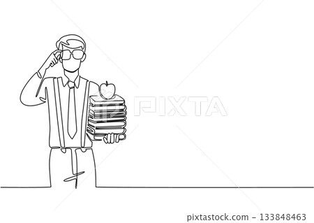 Single one line drawing man wear long sleeved shirt with suspender carrying stack of books and holds glasses. The librarian who is on a diet Geek Pride Day. Continuous line design graphic illustration Single one line drawing man wear long sleeved shirt with suspender carrying stack of books and holds glasses. The librarian who is on a diet Geek Pride Day. Continuous line design graphic illustration 133848463