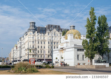 Secession Building (Secessionsgebaude), an iconic Art Nouveau landmark in Vienna, Austria, with ornate golden dome Secession Building (Secessionsgebaude), an iconic Art Nouveau landmark in Vienna, Austria, with ornate golden dome 133848507