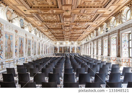 Grand Knights Hall with Frescoes and Wooden Ceiling at Ambras Castle Innsbruck Austria Grand Knights Hall with Frescoes and Wooden Ceiling at Ambras Castle Innsbruck Austria 133848521