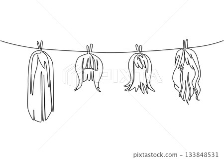 Single one line drawing 4 colorful wigs hung on a clothesline and held in place by clothespins. Care to keep it comfortable when worn. National Wig Out Day. Continuous line design graphic illustration Single one line drawing 4 colorful wigs hung on a clothesline and held in place by clothespins. Care to keep it comfortable when worn. National Wig Out Day. Continuous line design graphic illustration 133848531