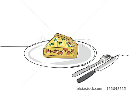 Single continuous line drawing small pieces of quiche lorraine with celery leaves on top on small plate. Simple and filling breakfast. National Quiche Lorraine Day. One line design vector illustration Single continuous line drawing small pieces of quiche lorraine with celery leaves on top on small plate. Simple and filling breakfast. National Quiche Lorraine Day. One line design vector illustration 133848535