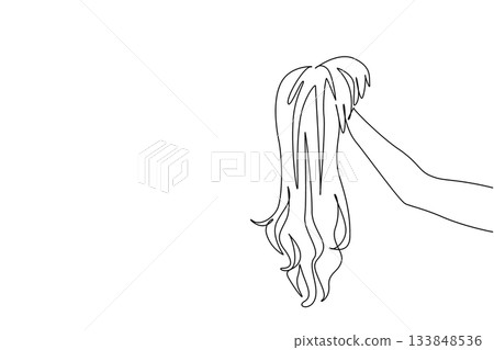 Single one line drawing wig held by hand. More beautiful appearance. Exhibits an aura of extraordinary beauty. Following the fashion. National Wig Out Day. Continuous line design graphic illustration 133848536