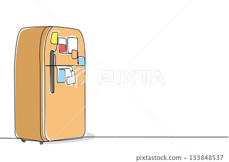 Single continuous line drawing classic refrigerator covered with memo paper. The important sticky notes that will always be read when at home. National Memo Day. One line design vector illustration 133848537