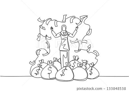 Continuous one line drawing Arab woman standing on a pile of money bags while throwing banknotes. An investment that never loses. Be a Millionaire Day. Single line draw design vector illustration 133848538
