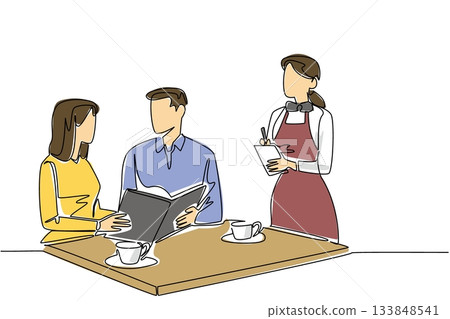 Continuous one line drawing female waitstaff with apron writing down orders for male and female customers. Serving with friendliness National Waitstaff Day. Single line draw design vector illustration Continuous one line drawing female waitstaff with apron writing down orders for male and female customers. Serving with friendliness National Waitstaff Day. Single line draw design vector illustration 133848541