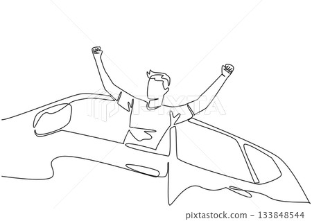 Continuous one line drawing a man sticks part of body out of the window and stretches out his arms. Feeling excited while traveling. National Road Trip Day. Single line draw design vector illustration 133848544