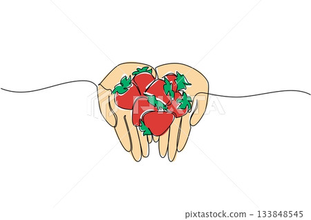 Continuous one line drawing 2 palms holding some strawberries. Offering very sweet, deep red strawberries. Organic. Health. National Pick Strawberries Day. Single line draw design vector illustration 133848545