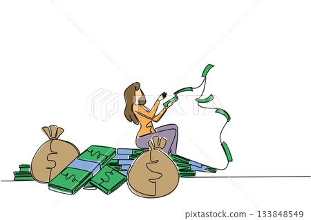 Single continuous line drawing a woman sitting on a pile of banknotes and money bag while throwing banknotes. Happy with lots of income. Be a Millionaire Day. One line design vector illustration 133848549
