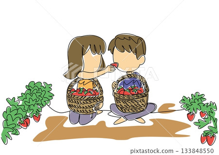 Single continuous line drawing a girl feeding a boy while sitting in the garden. Form attention. Give each other. Sweet. Freshness. National Pick Strawberries Day. One line design vector illustration 133848550