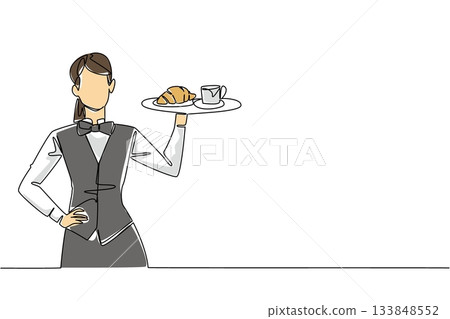 Continuous one line drawing a female waitstaff with apron holding a tray containing a mug and a croissant. A satisfying sweet taste. National Waitstaff Day. Single line draw design vector illustration Continuous one line drawing a female waitstaff with apron holding a tray containing a mug and a croissant. A satisfying sweet taste. National Waitstaff Day. Single line draw design vector illustration 133848552
