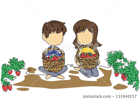 Single one line drawing a girl and a boy sitting in the garden holding a basket. Small garden with abundant harvest. Sweet. National Pick Strawberries Day. Continuous line design graphic illustration Single one line drawing a girl and a boy sitting in the garden holding a basket. Small garden with abundant harvest. Sweet. National Pick Strawberries Day. Continuous line design graphic illustration 133848557
