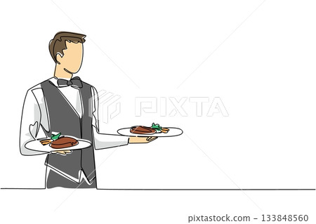 Single continuous line drawing a man wearing a waitress uniform carrying a plate of food in both hands. Work smartly. Value the time. Staff. National Waitstaff Day. One line design vector illustration 133848560