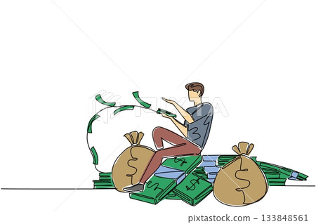 Single one line drawing a man sitting on a pile of banknotes and money bag while throwing banknotes. Waste a lot of money. Careless. Be a Millionaire Day. Continuous line design graphic illustration Single one line drawing a man sitting on a pile of banknotes and money bag while throwing banknotes. Waste a lot of money. Careless. Be a Millionaire Day. Continuous line design graphic illustration 133848561